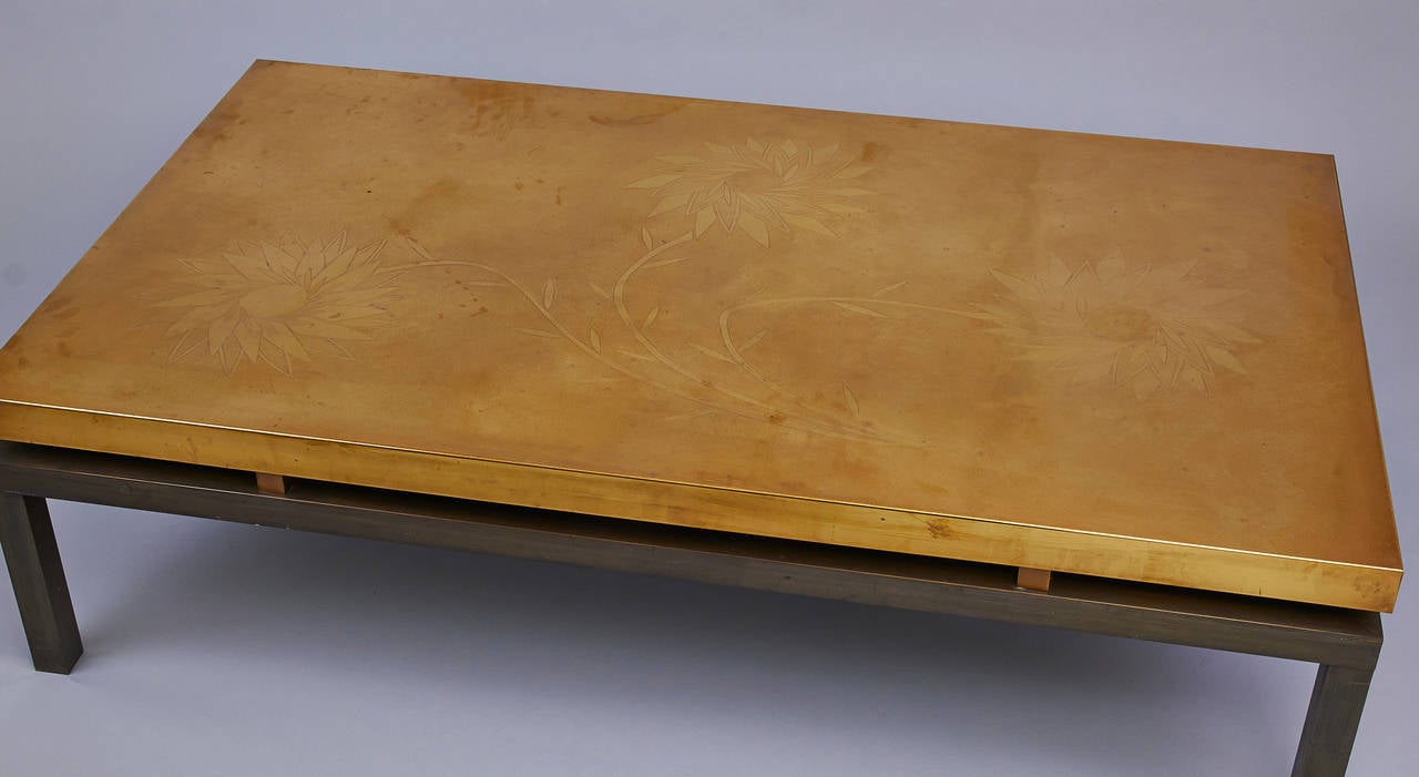 Mid-Century Modern Signed Willy Daro Coffee Table Etched Brass on Bronze Base