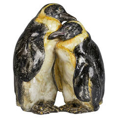Tall Pottery Sculpture of Two Penguins