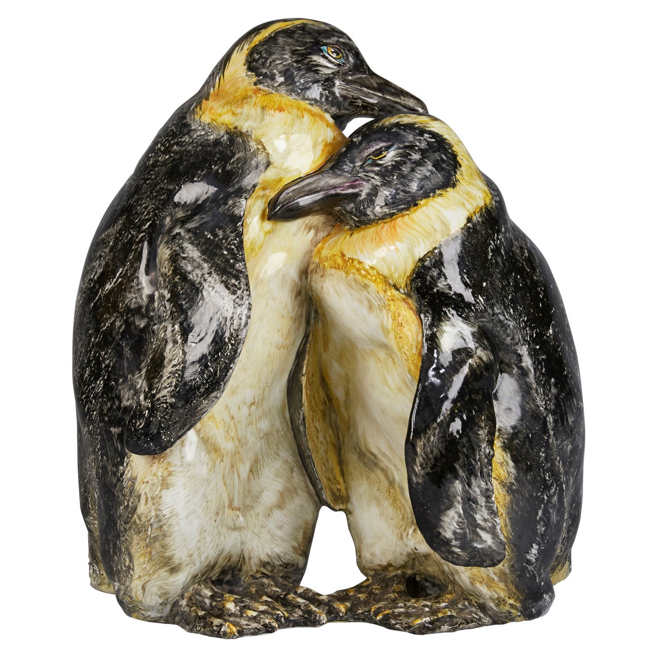 Tall Pottery Sculpture of Two Penguins For Sale