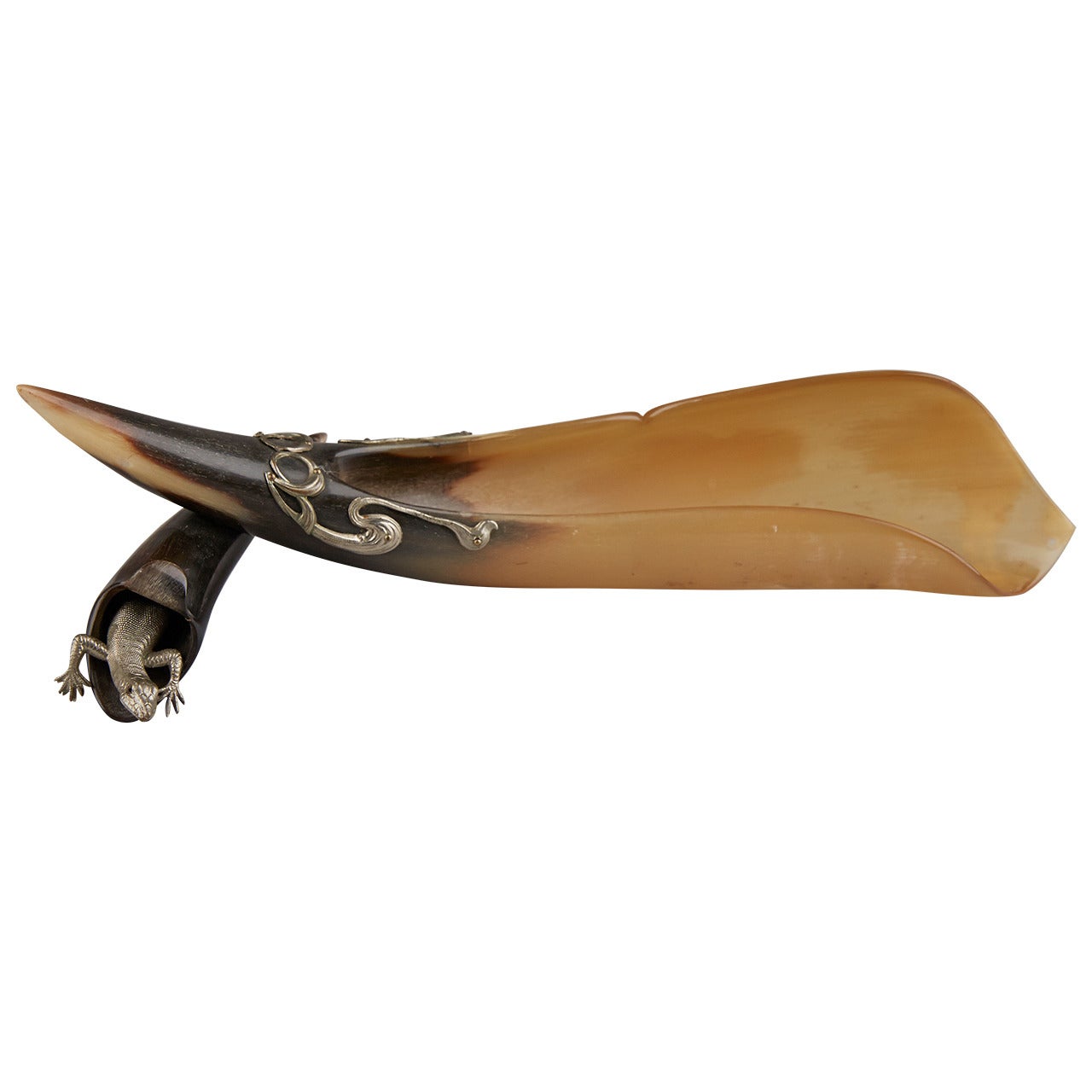 Jugendstil Penholder Horn with Lizard and  Metal Application For Sale