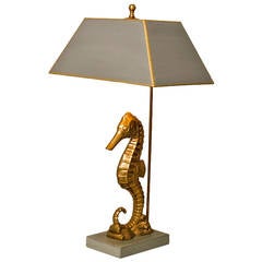 Mid-Century Brass Sea Horse Mounted as a Table Lamp on Concrete Base