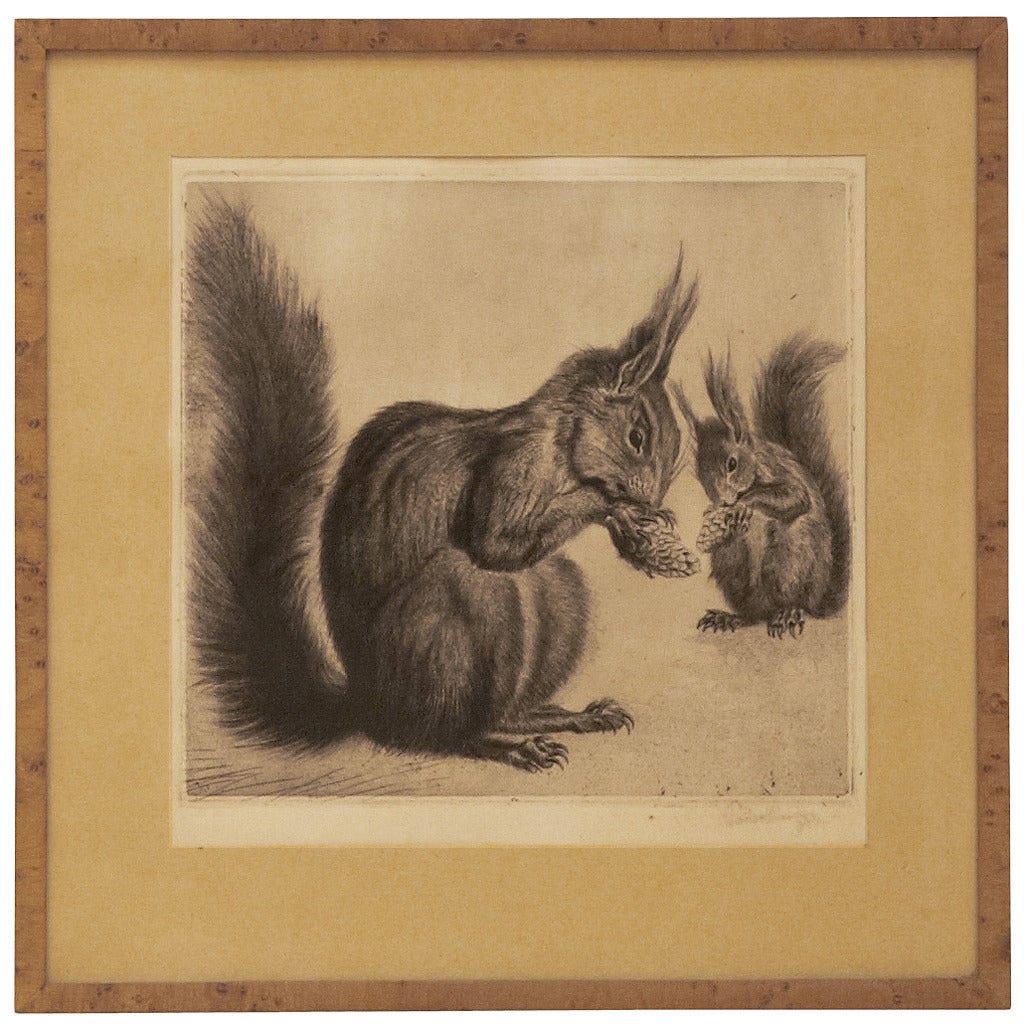 Two Squirrels Etching by Rudolf Pauschinger For Sale