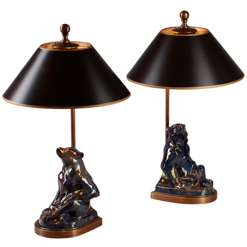 Pottery Bookends, "Sitting Bears, " Mounted as Table Lamps For Sale