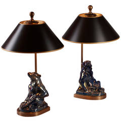 Pottery Bookends, "Sitting Bears, " Mounted as Table Lamps
