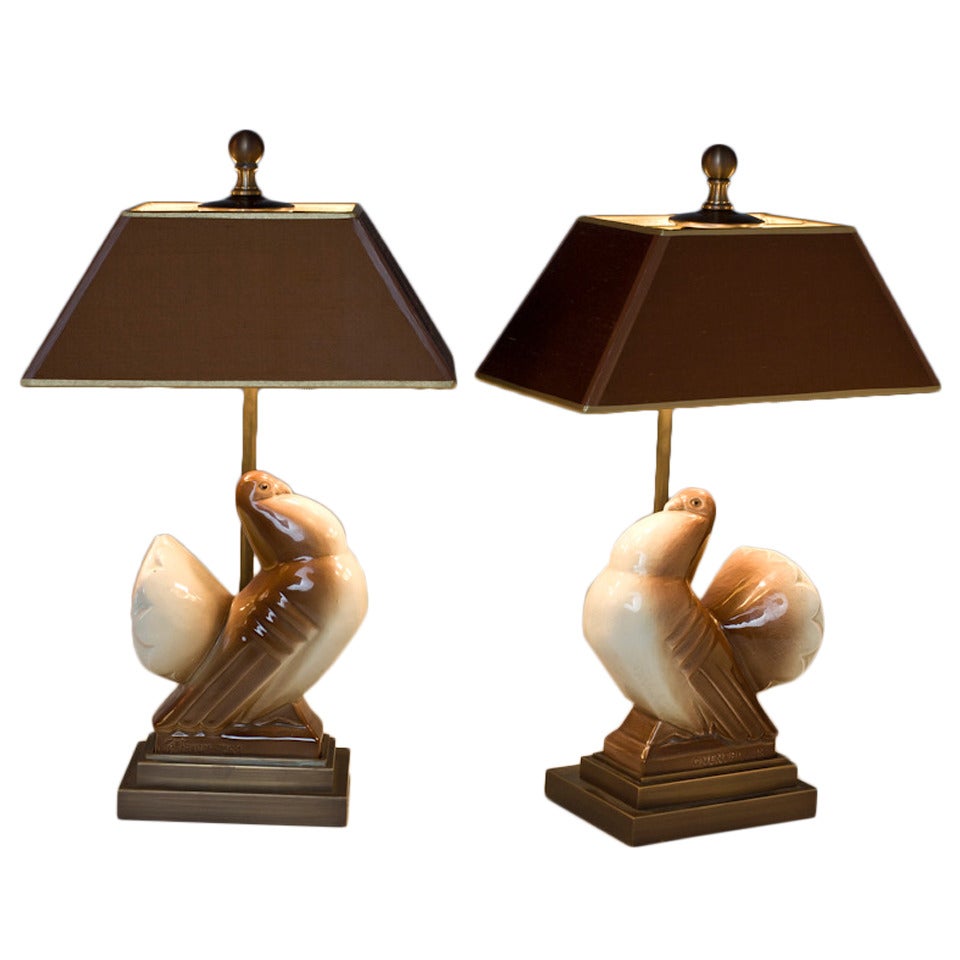 Pair of Table Lamps Craquelling Glaze Doves For Sale