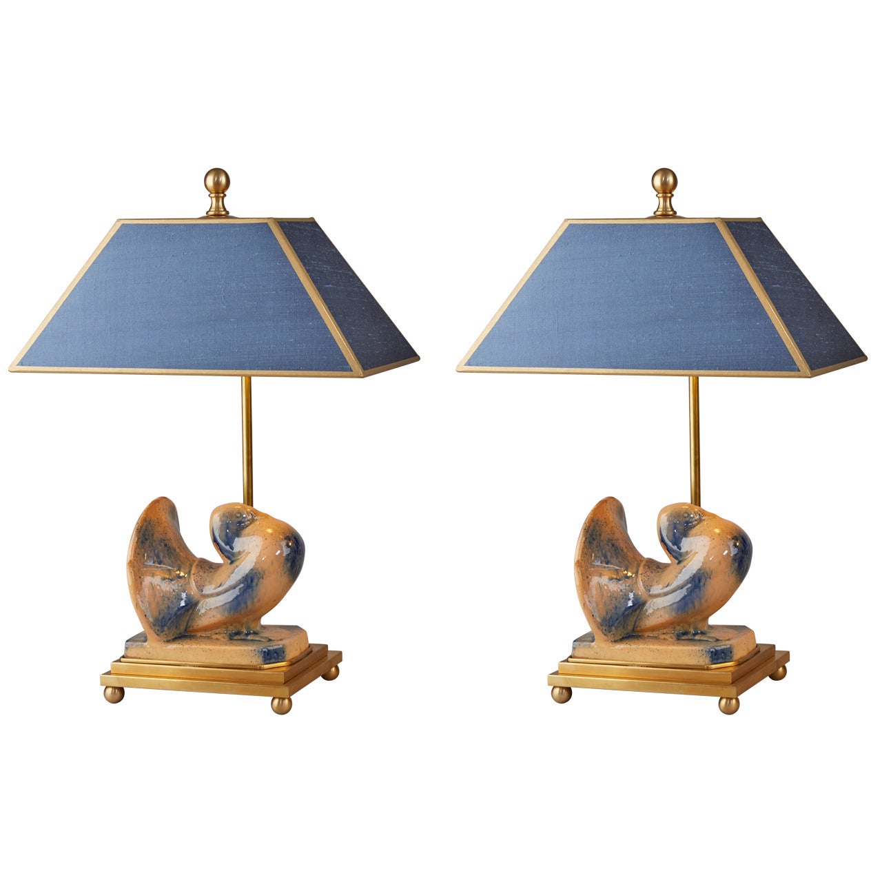Pair of Table Lamps Doves French Pottery For Sale