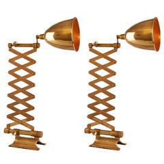 Pair of 1930s Industrial Brass Scissor Lamps