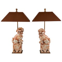 Retro Pair of Porcelain Foo Dog Table Lamps