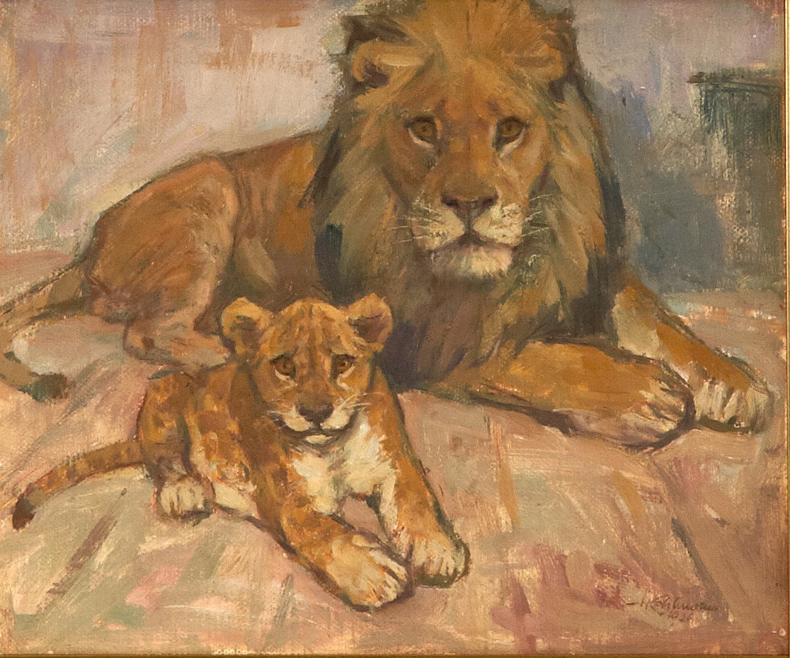 Painting of Lioness and Lion Cub by Hermann Kohlmann
Signed and dated 1924. Oil on masonite.
New Frame measurement   42 x 36.5 cm