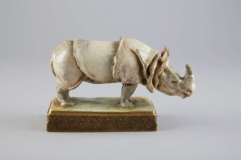beautiful Rhino,  circa 1900 glazed Majolica, base gilded<br />
marked 8196 30 Austria