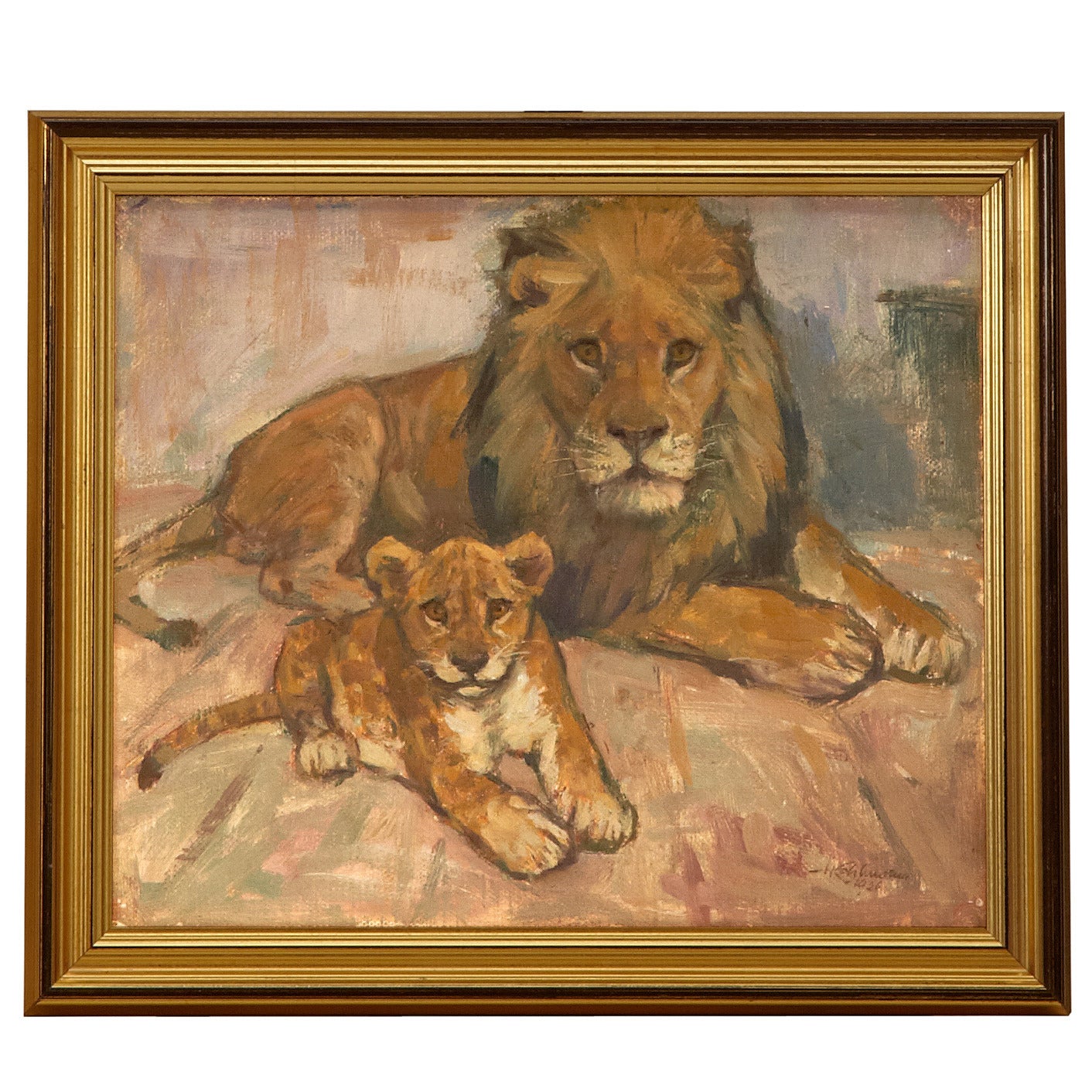 Painting of Lioness and Lion Cub by Hermann Kohlmann For Sale