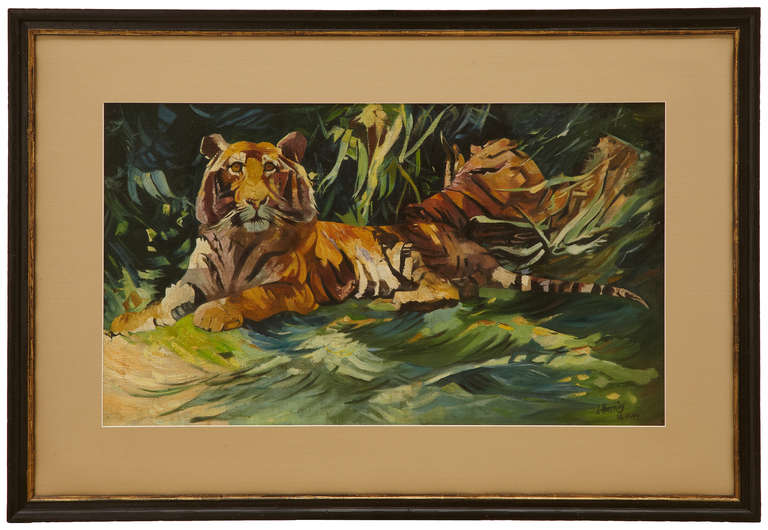 Painting of two resting tigers in the style of expressionism.
Oil on canvas.
Colored paper mat and new wooden frame.
Measurement of the painting.
Width 80 cm height 47 cm.