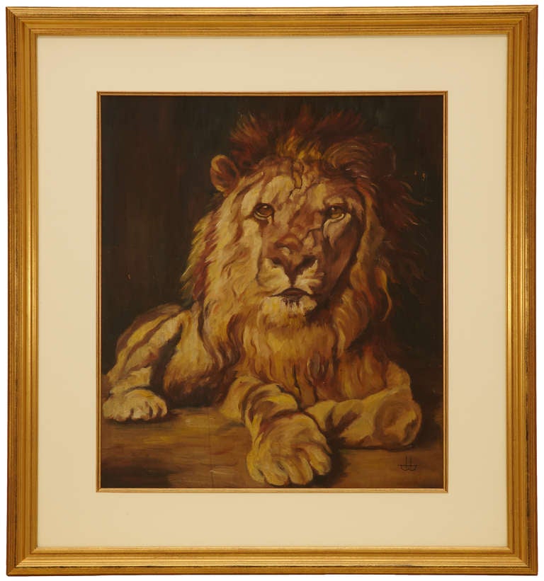 Impressive portrait of a lion. Monogrammed HB.
Oil on wood, circa 1930, framed in a colored paper mat behind glass.