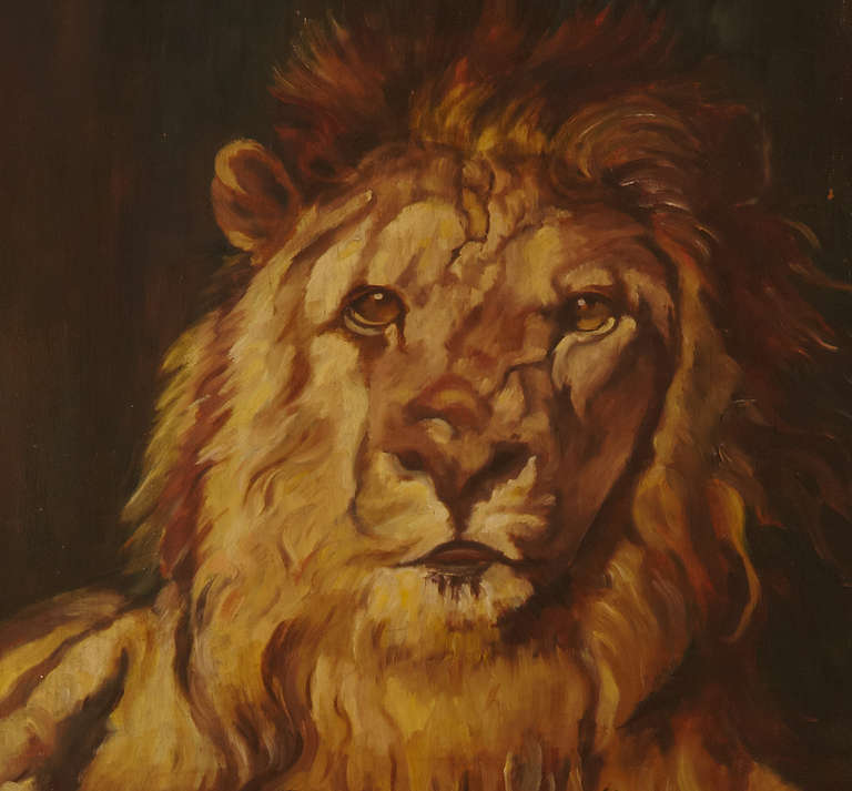 German Painting Portrait of a Lion Oil on Wood For Sale