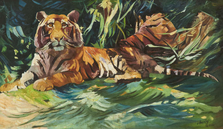 Expressionist Painting of Resting Tiger Oil on Canvas Signed K. Hornig, Dated 1964 For Sale
