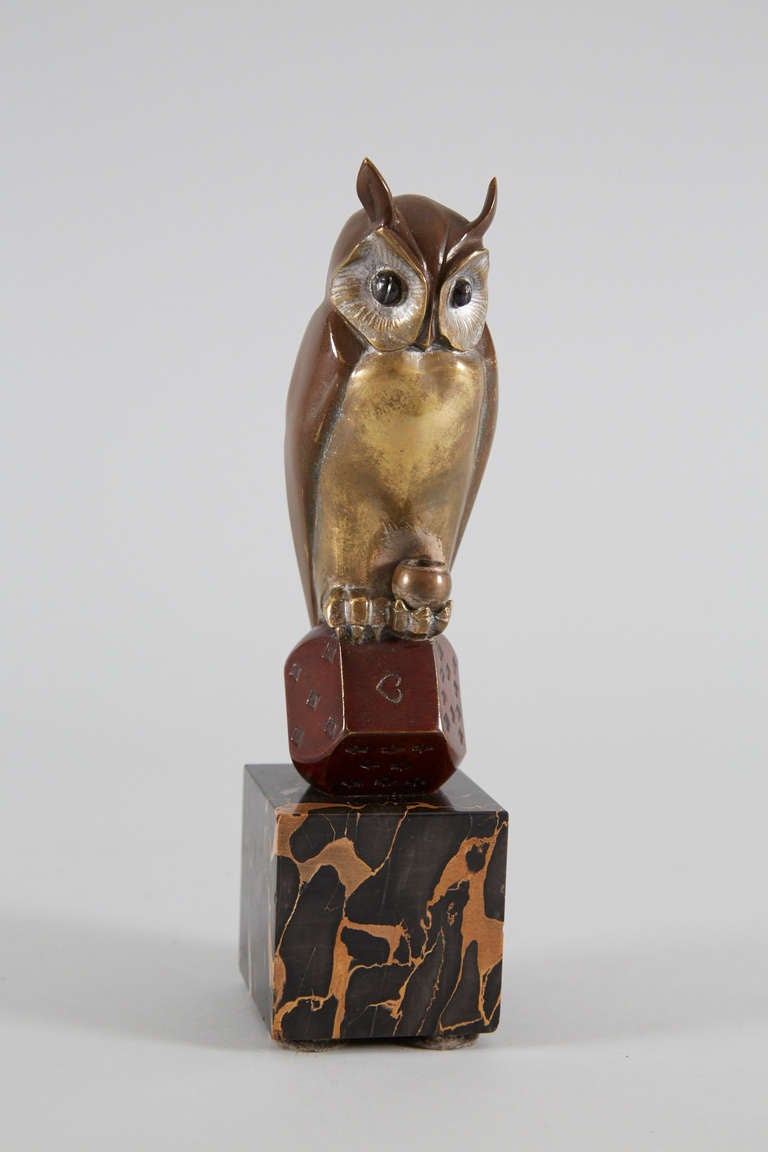 Art Deco Sculpture Owl Sitting on a Cube, by Marcel Bouraine  For Sale