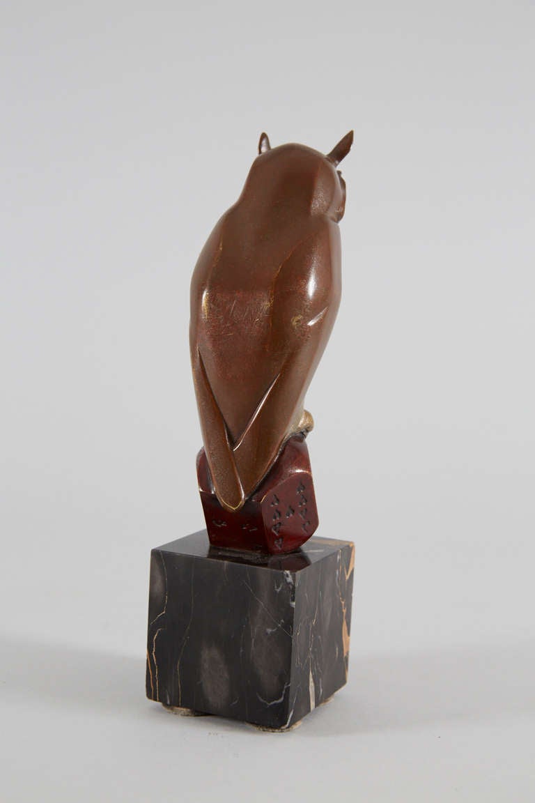 French Sculpture Owl Sitting on a Cube, by Marcel Bouraine  For Sale