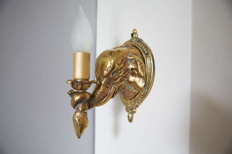 Charming  pair of brass Elephant Heads  original mounted as wall lamps  new wiring