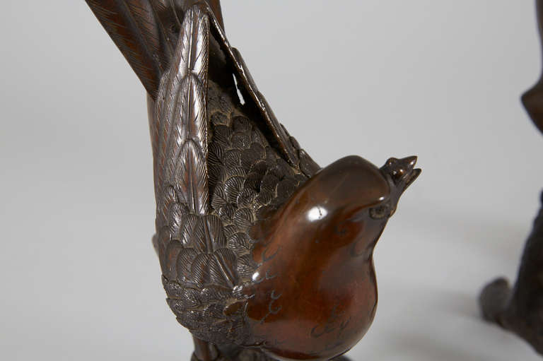 Japan Meiji Period Bronze Pair of Birds Sitting on a Branch,  Incense Burner For Sale 1