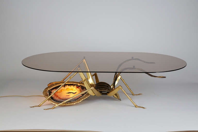 Table à cocktail sculpturale en forme de scarabée pour l'Atelier Duval-Brasseur
ailes en agate illuminées plateau en verre fumé d'origine
coléoptère de mesure 
longueur 94 cm largeur 40 cm hauteur 30 cm 
Mesure incluant le verre
longueur 118 cm