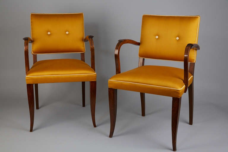 A beautiful  Pair of Bridge Armchairs from the Art Deco Period. 
marked in the frame 1942
Both armchairs are new upholstered in a golden Jim Thompson silk.