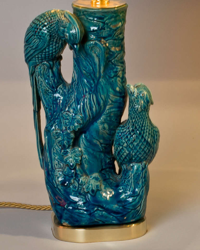 Pair of Table Lamps of Birds on a Tree Trunk Majolica In Excellent Condition In Hamburg, DE