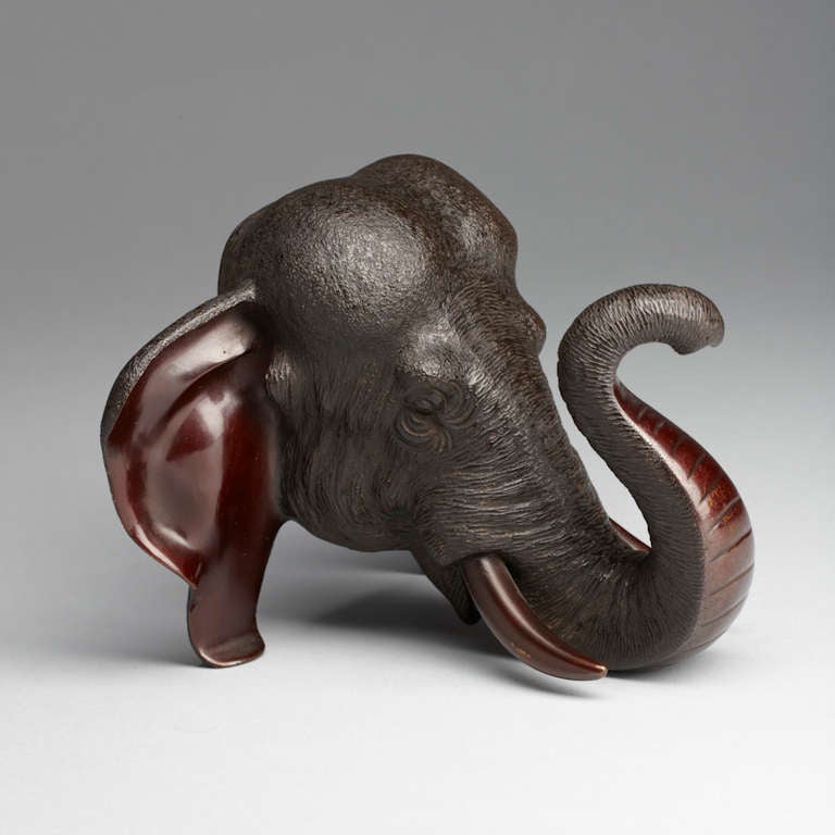 unusual Meiji Period bronze Elephant Head  signed on the back