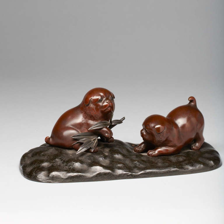 Group of cute puppy dogs Japan Meiji period bronze1868-1911 signed