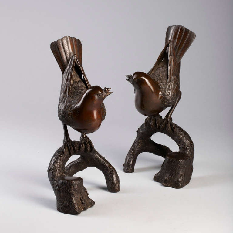 Japan Meiji Period Bronze Pair of Birds Sitting on a Branch,  Incense Burner