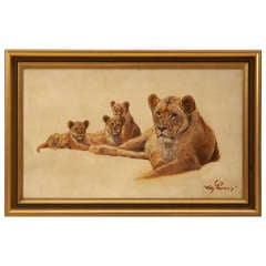 Painting, Lioness with Cubs, Oil on Canvas by Willi Lorenz