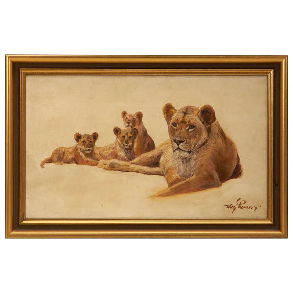 Painting, Lioness with Cubs, Oil on Canvas by Willi Lorenz For Sale