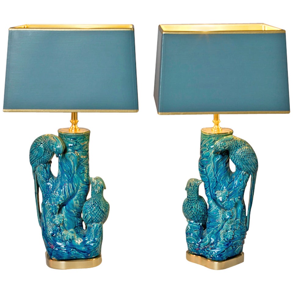 Pair of Table Lamps of Birds on a Tree Trunk Majolica