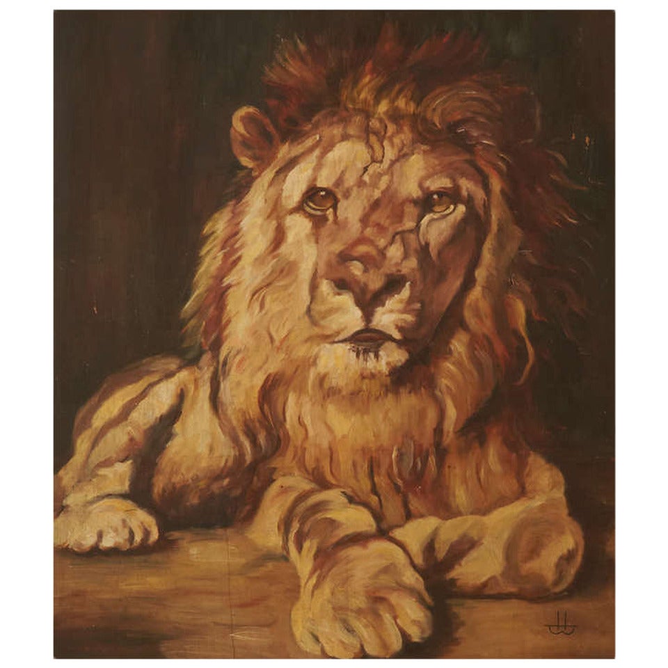 Painting Portrait of a Lion Oil on Wood For Sale