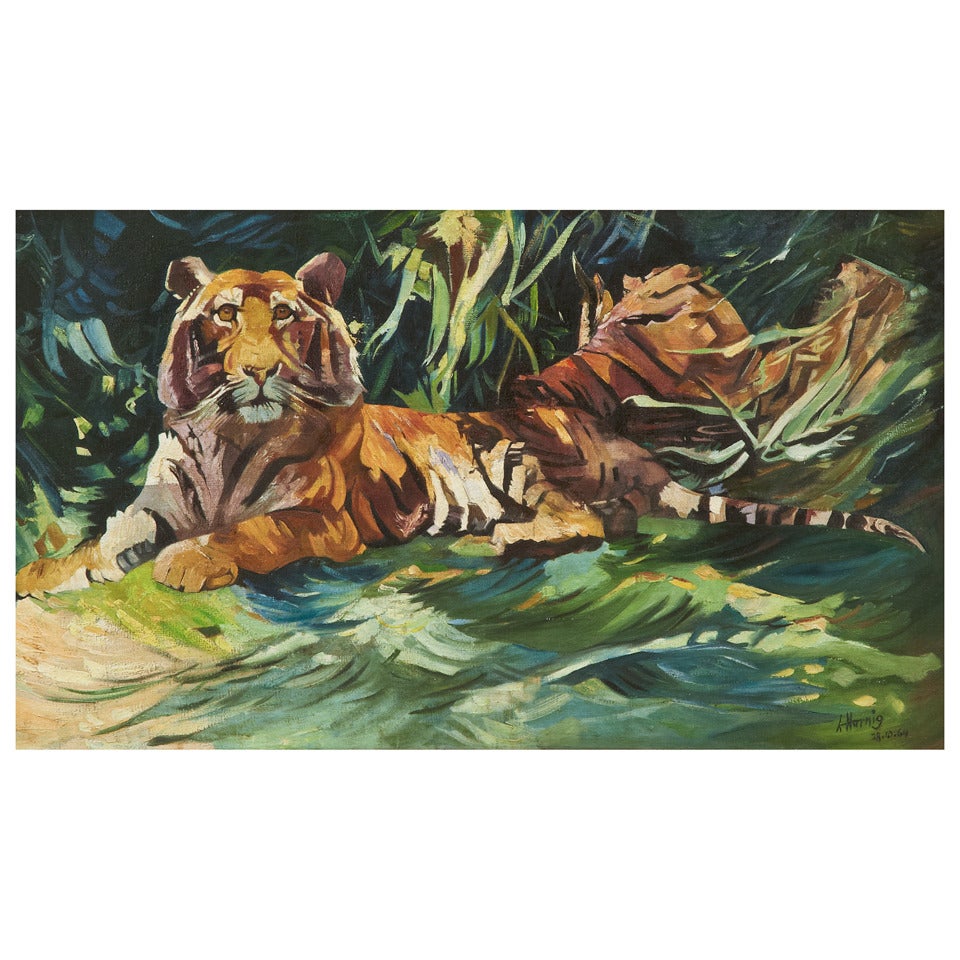 Painting of Resting Tiger Oil on Canvas Signed K. Hornig, Dated 1964 For Sale