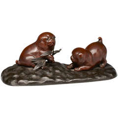 Japan Meiji Period Bronze of Two Playing  Puppy Dogs