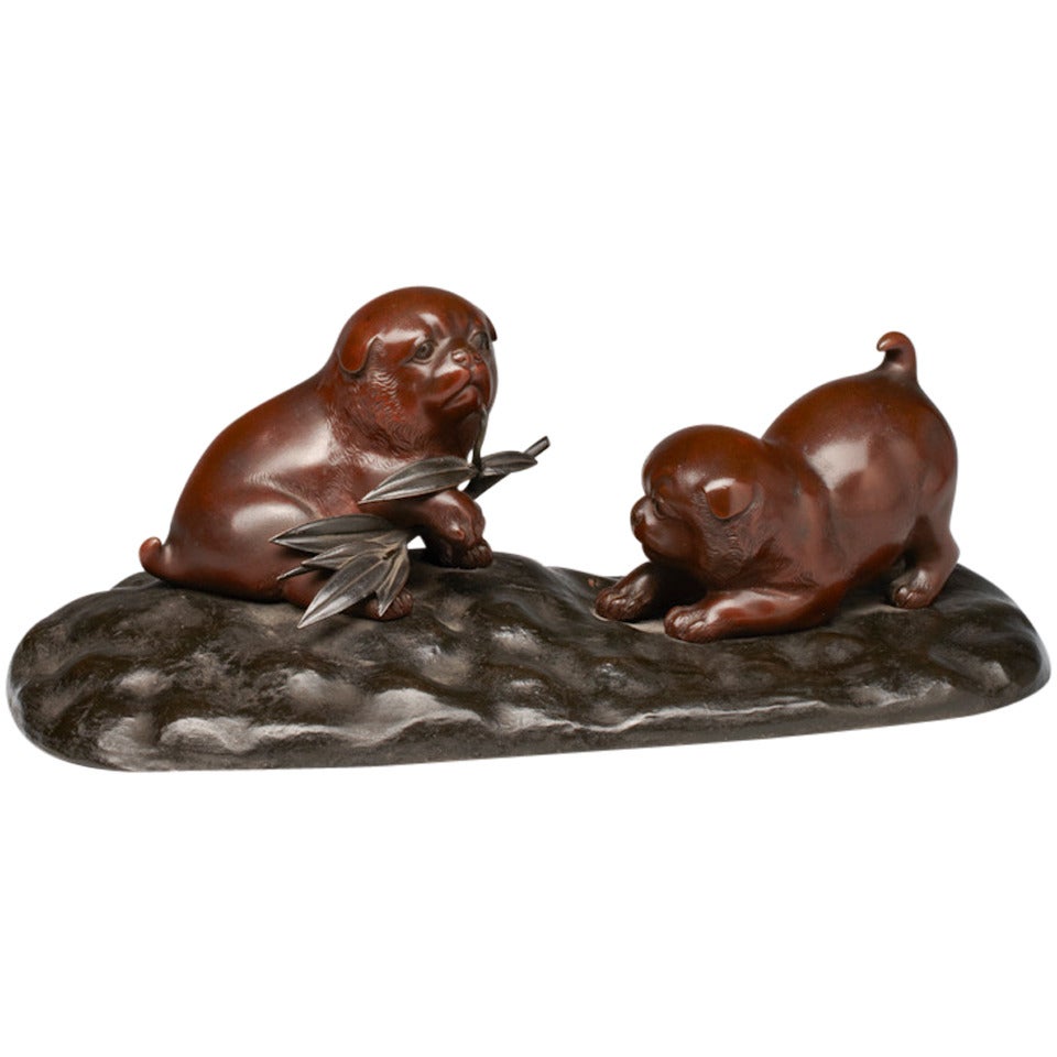 Japan Meiji Period Bronze of Two Playing  Puppy Dogs For Sale