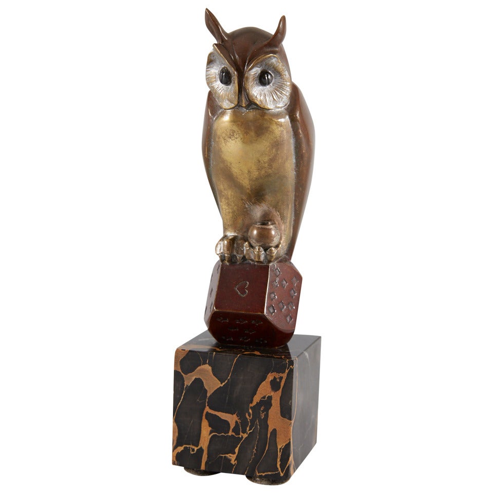 Sculpture Owl Sitting on a Cube, by Marcel Bouraine  For Sale