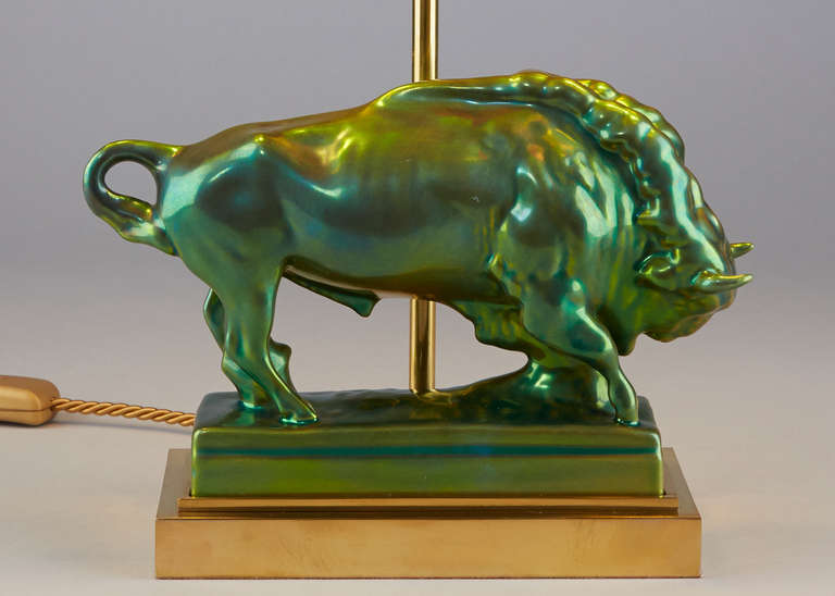 Mid-Century Modern Table Lamp with Taurus Figurine by Zsolnay For Sale