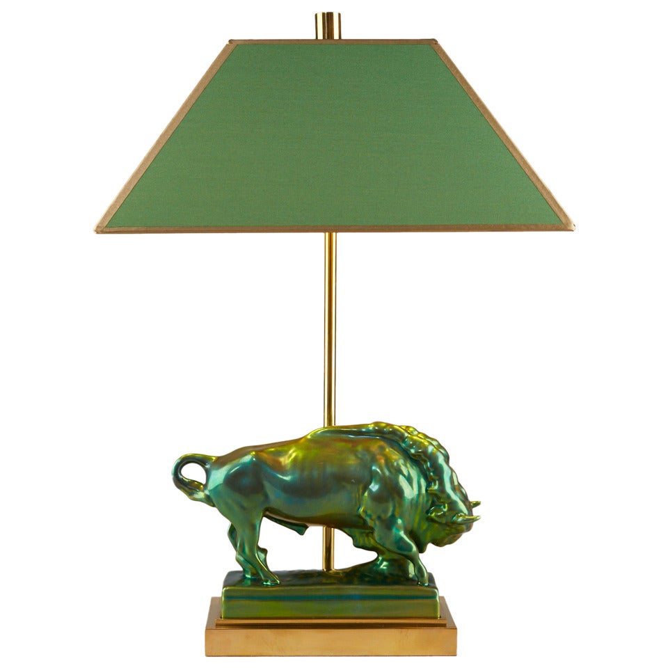 Table Lamp with Taurus Figurine by Zsolnay For Sale