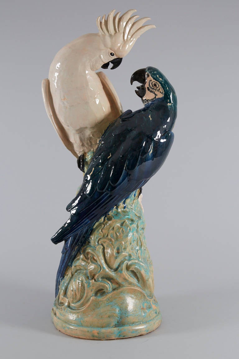Beautiful Glazed Pottery Sculpture of a Cockatoo and a Parrot For Sale