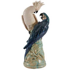 Beautiful Glazed Pottery Sculpture of a Cockatoo and a Parrot