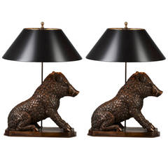 Huge Pair of Bronze Wild Boars Mounted as Lamps