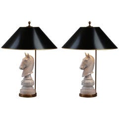Pair of Table Lamps white pottery Horse Heads in the shape of Chess Figures