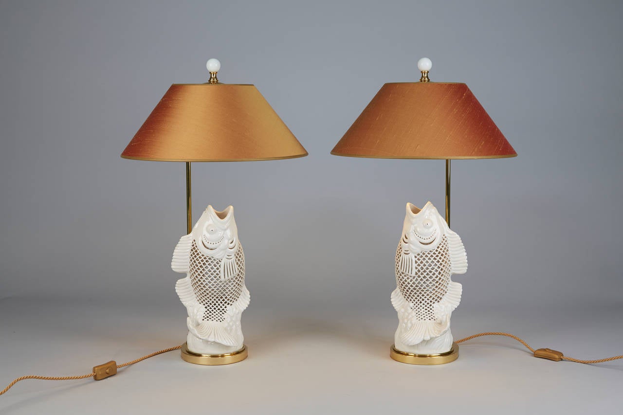 Chinese Blanc de Chine Pair of Table lamps carved  Porcelain Fish
