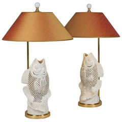 Blanc de Chine Pair of Table lamps carved  Porcelain Fish