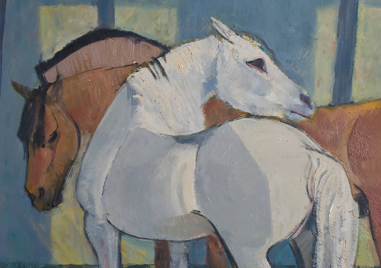 Painting of two horses in a circus tent. Oil on canvas from the estate of Heinrich Wittmer 1895-1954.
New silver frame.