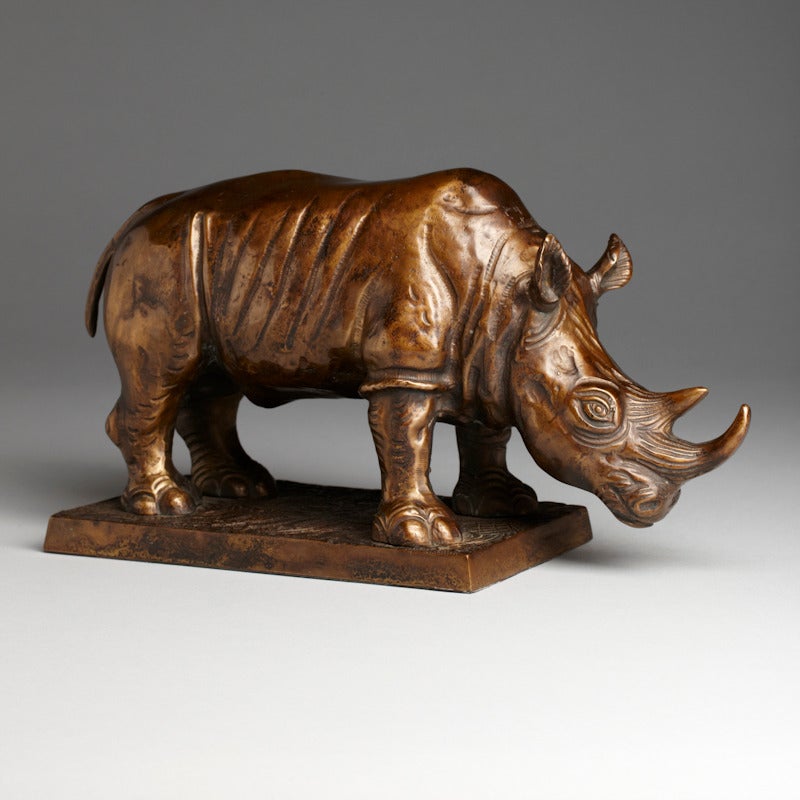 Bronze Rhino Sculpture, Signed "Farbel"