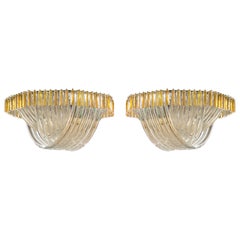 Pair of Flush Mounts in Murano Glass Amber Curves Venini 1980s Italy