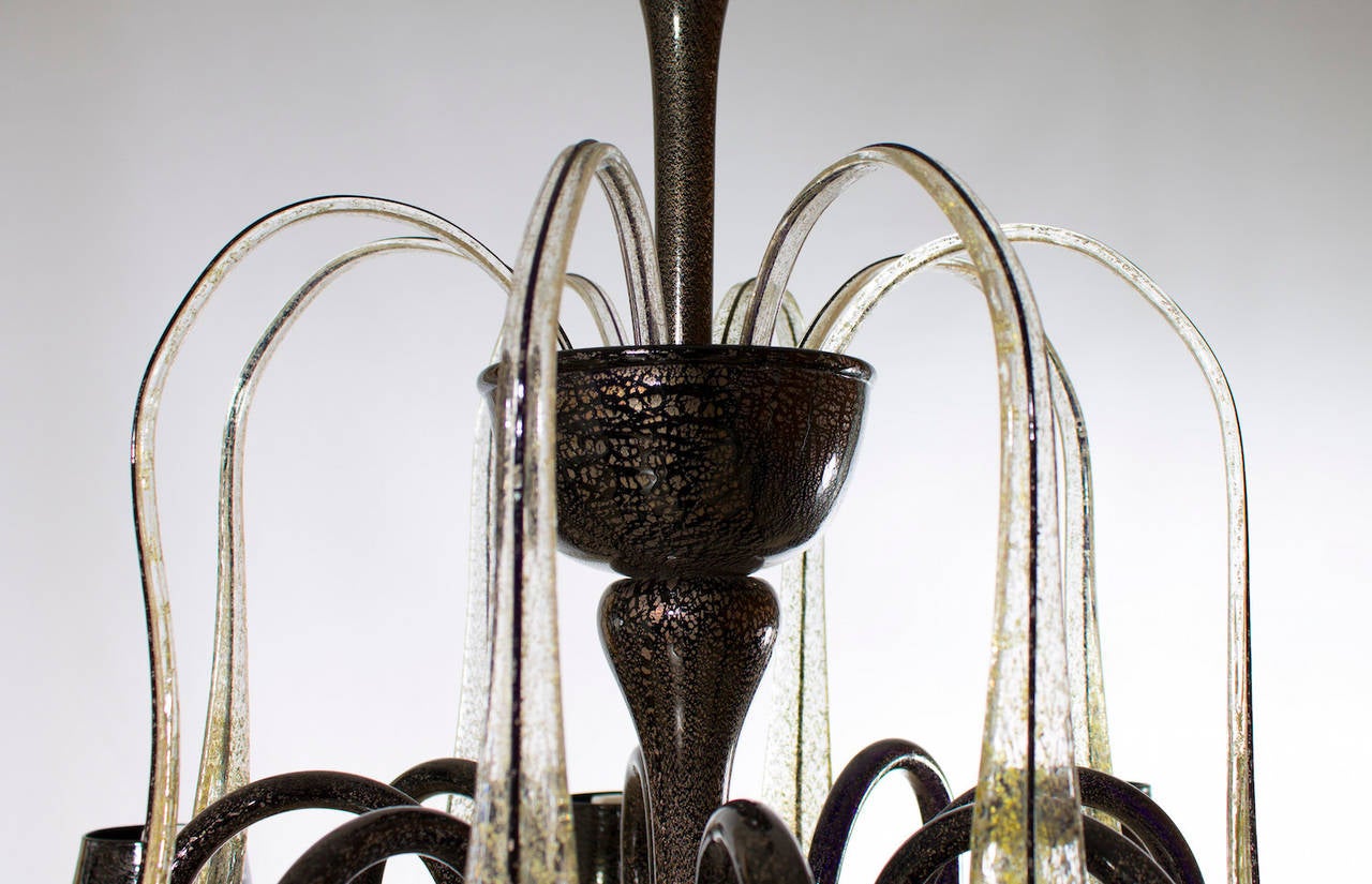 Hand-Crafted Italian Venetian Chandelier, Blown Murano Glass, Black Silver, Cenedese, 1990s