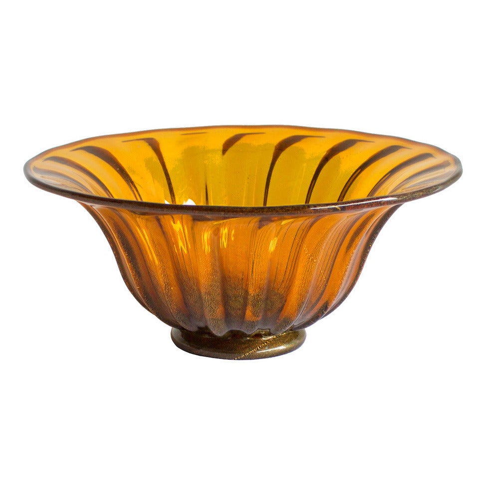 Italian Murano Bowl in Amber and Gold Rifiniture